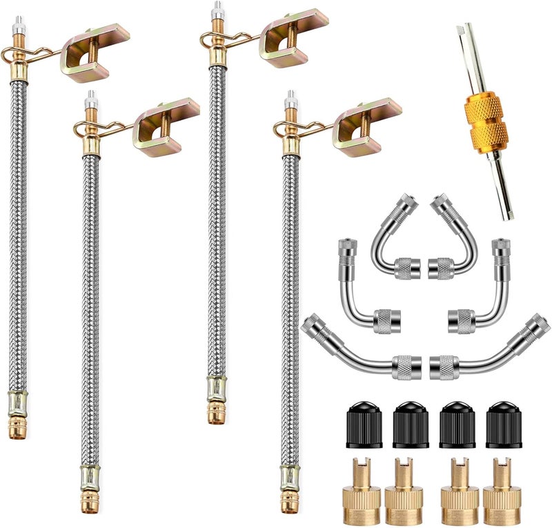 Valve Stem Extenders,4Pcs 12Inch/300mm Dual Flexible Stainless Steel Braided Valve Stem Extensions,6Pieces 45 90 135 Degree Brass Valve Adaptors for Car Truck Motorhome Trailer RV Trailer Vehicle